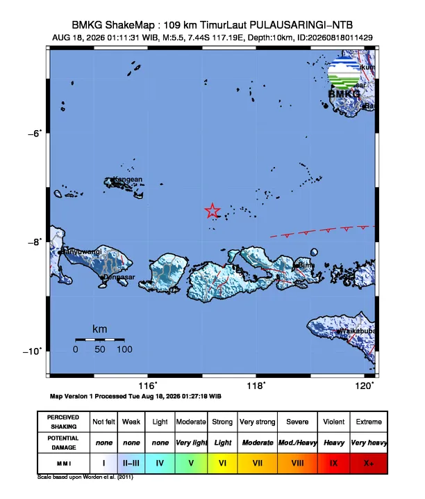 BMKG Catat Gempa Magnitudo 5,5 Guncang Barat Laut Sumbawa NTB