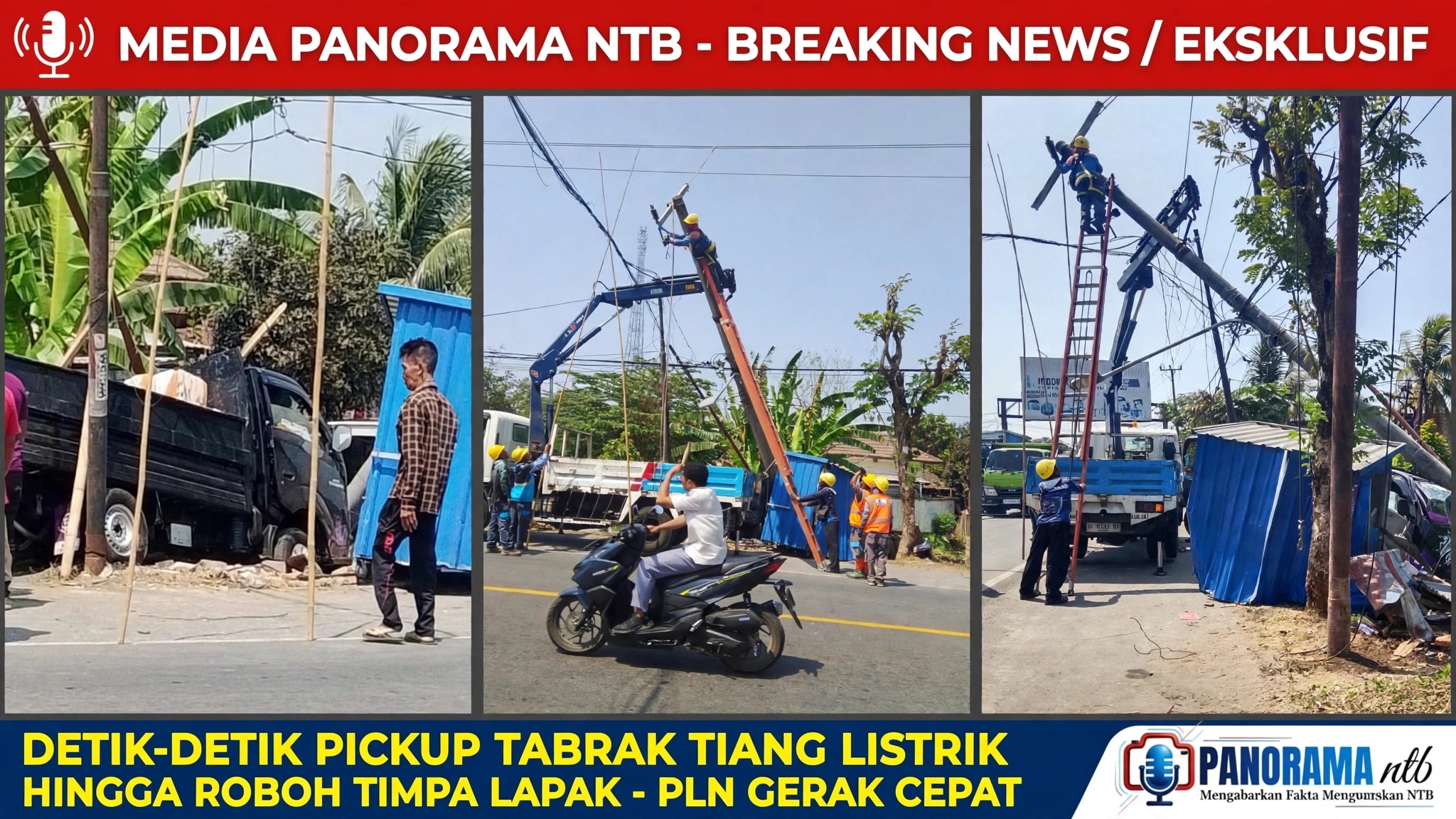 Laka Maut di Jalan Raya Mataram – Sikur Dekat Polsek Mantang, 2 pengendara Motor Asal Desa Rarang Meninggal Dunia, PicUp Rinsek Tabrak Tiang Listrik